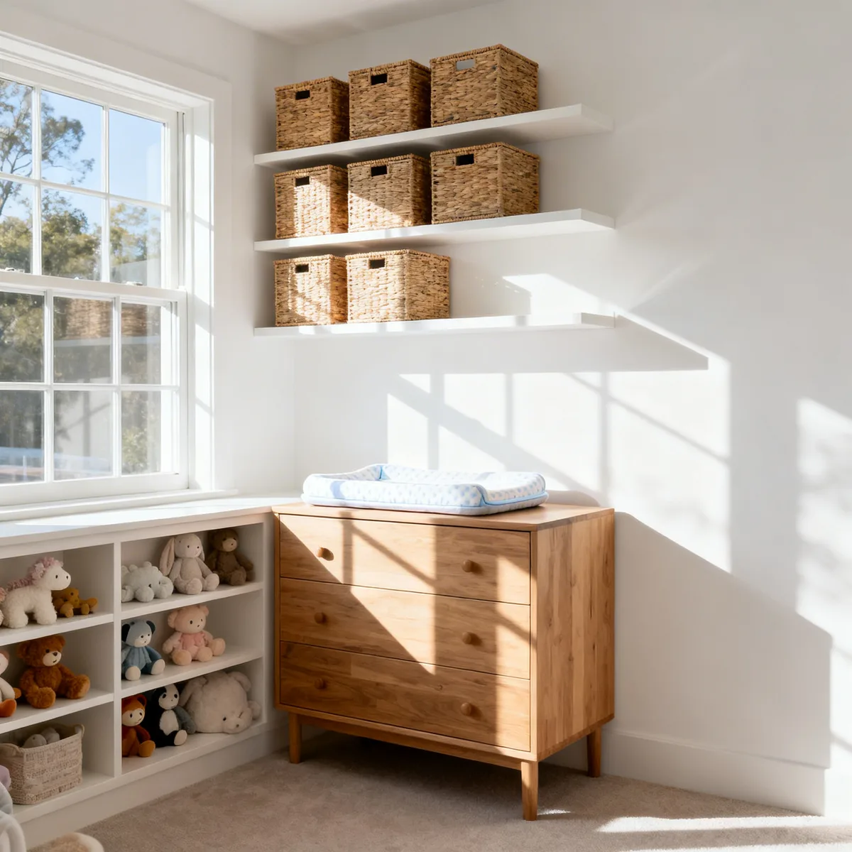 Bright nursery corner with organized white shelving, woven storage baskets, and natural morning light