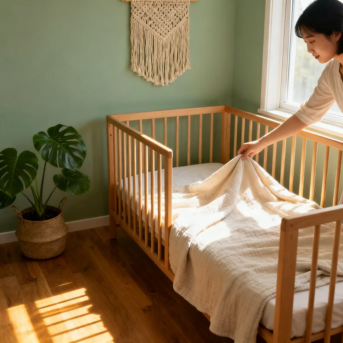 Modern gender neutral nursery with sage walls, wooden crib, and potted plant in natural morning light