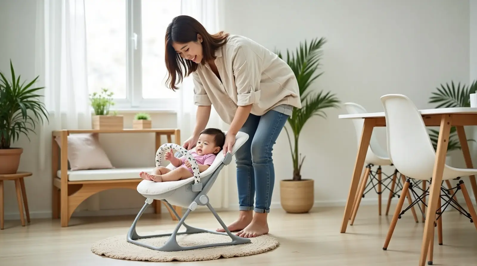Korean mother placing baby into a modern baby bouncer in a bright living room