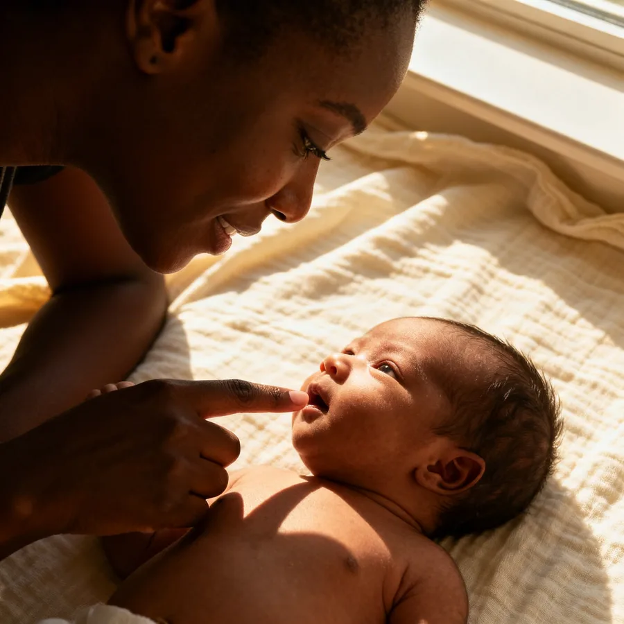 Mother examining baby acne and milia bumps on newborn's face during daytime