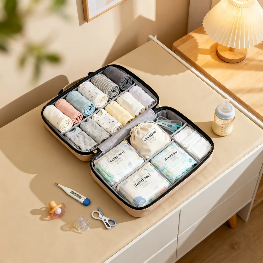 Organized diaper bag list for newborn contents neatly packed and visible inside bag