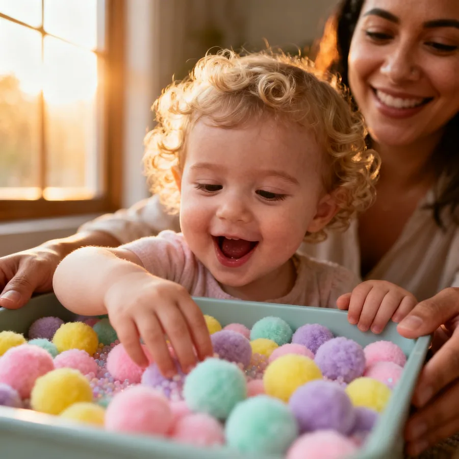 Joyful toddler discovering pom-poms in sensory bin with parent nearby