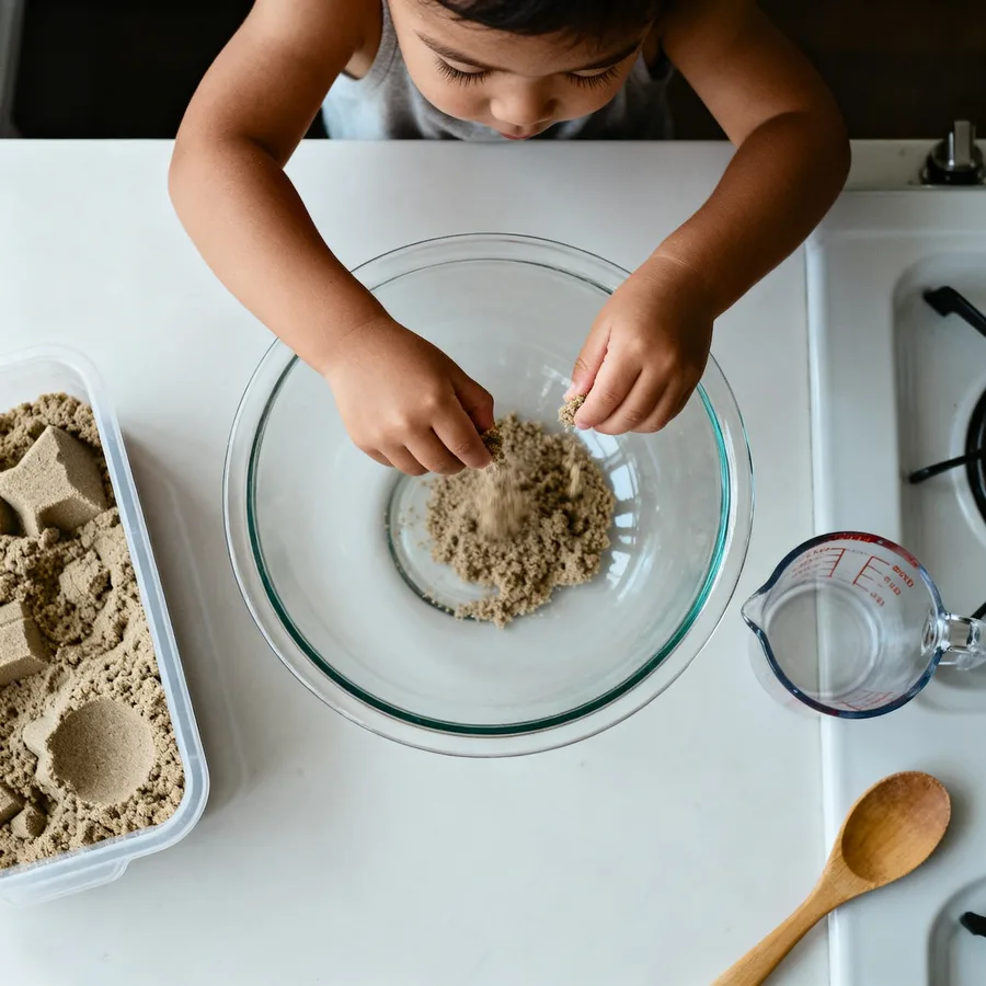 Close-up of 1-year-old's hands engaging with kinetic sand sensory activity indoors