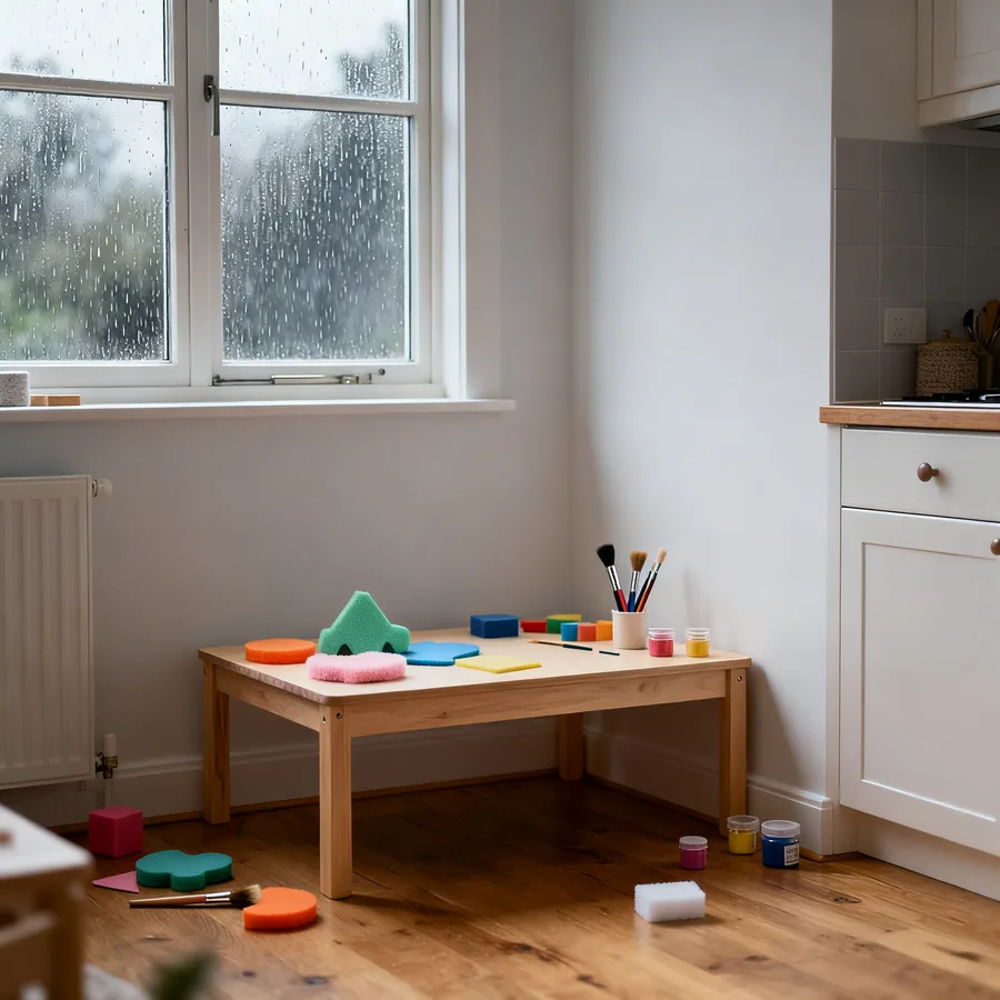 Quiet kitchen play space with rainy day toddler activity supplies laid out on table