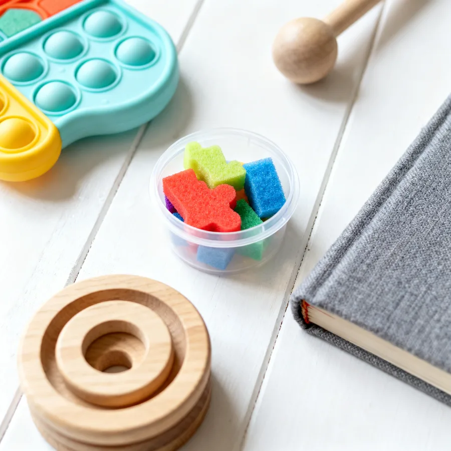 Overhead flat lay of indoor toddler toys and sensory activities ready for play