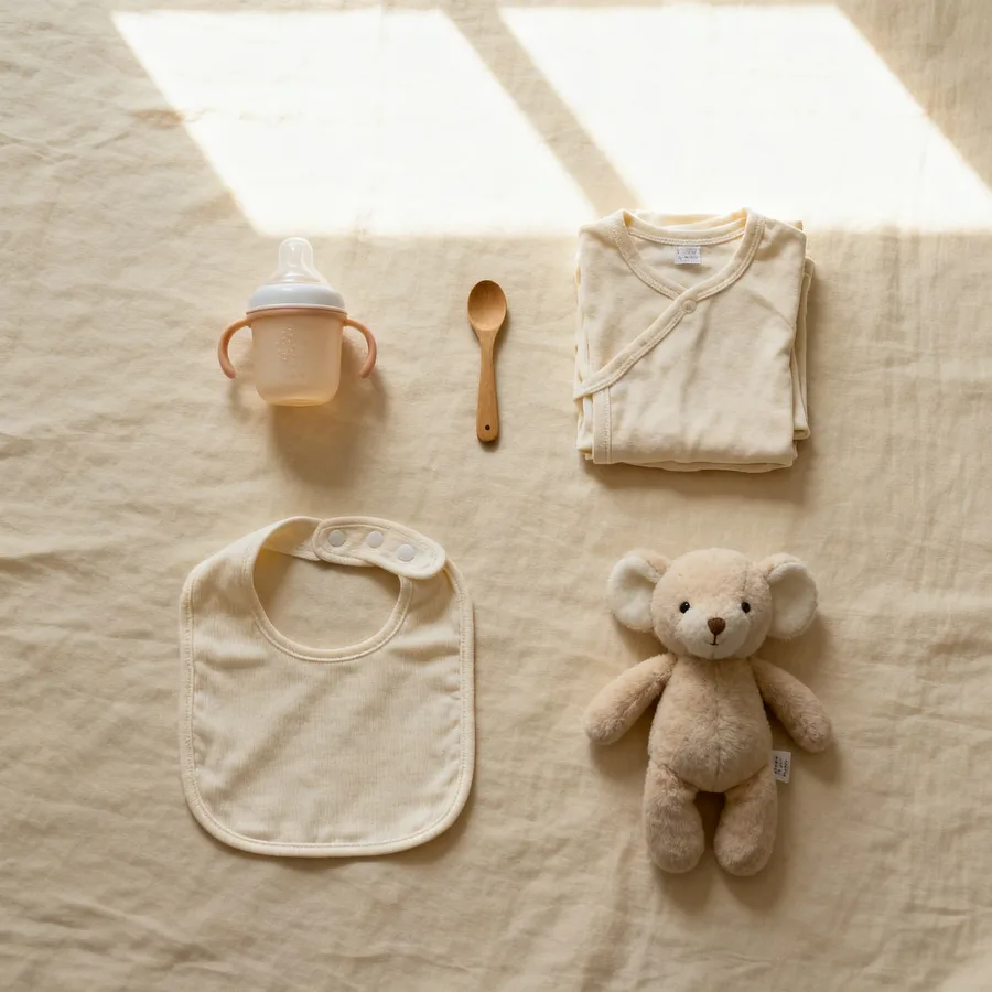 Overhead flat lay of daycare essentials and baby items on cream fabric