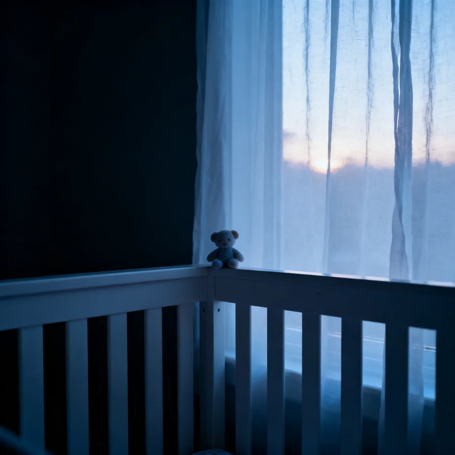 Serene nursery corner at dawn with soft light through curtains, gentle baby sleep atmosphere