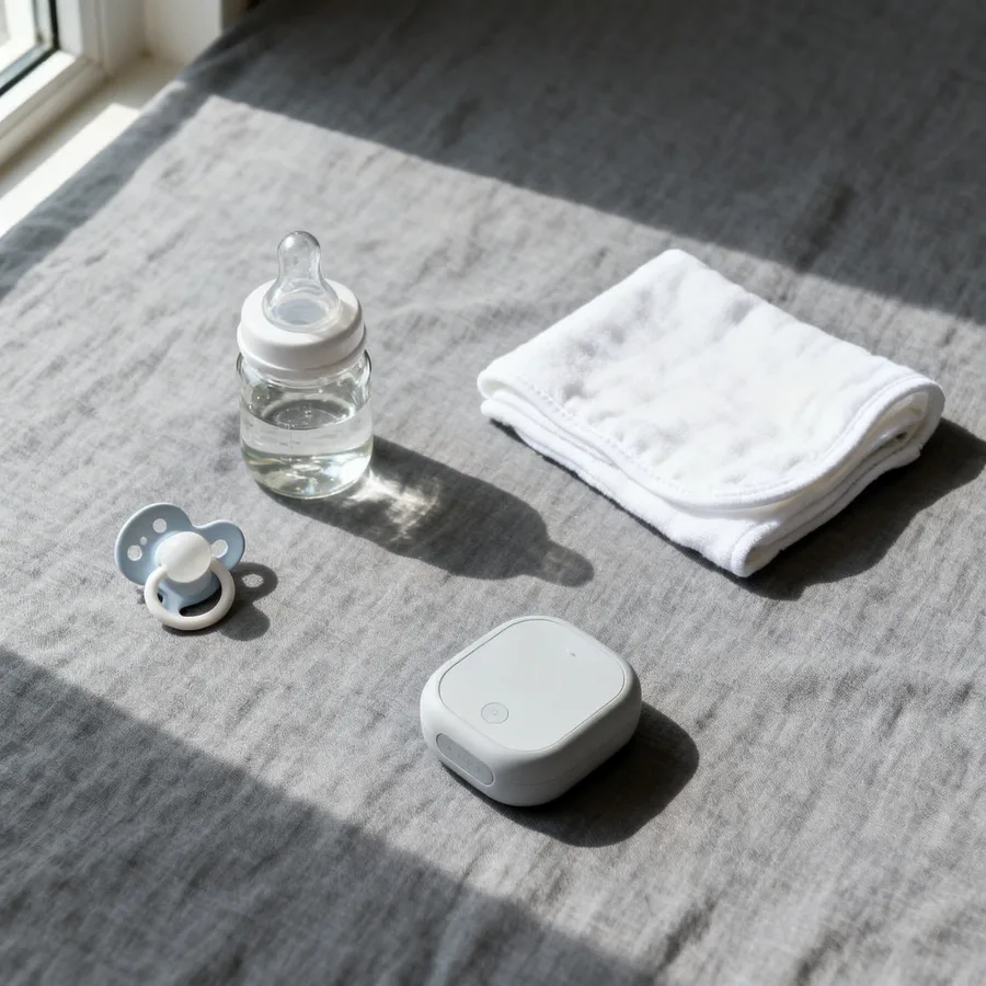 Flat lay of baby sleep essentials arranged on gray fabric, natural window light