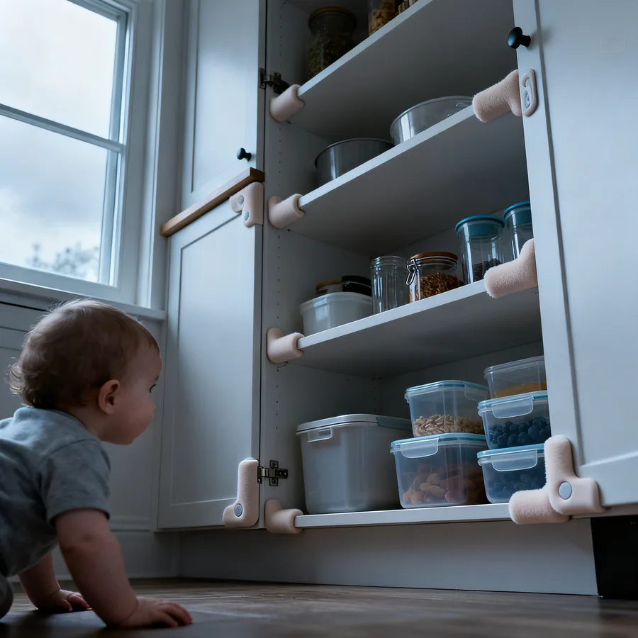Baby-proofed kitchen lower shelves with safety guards and accessible storage