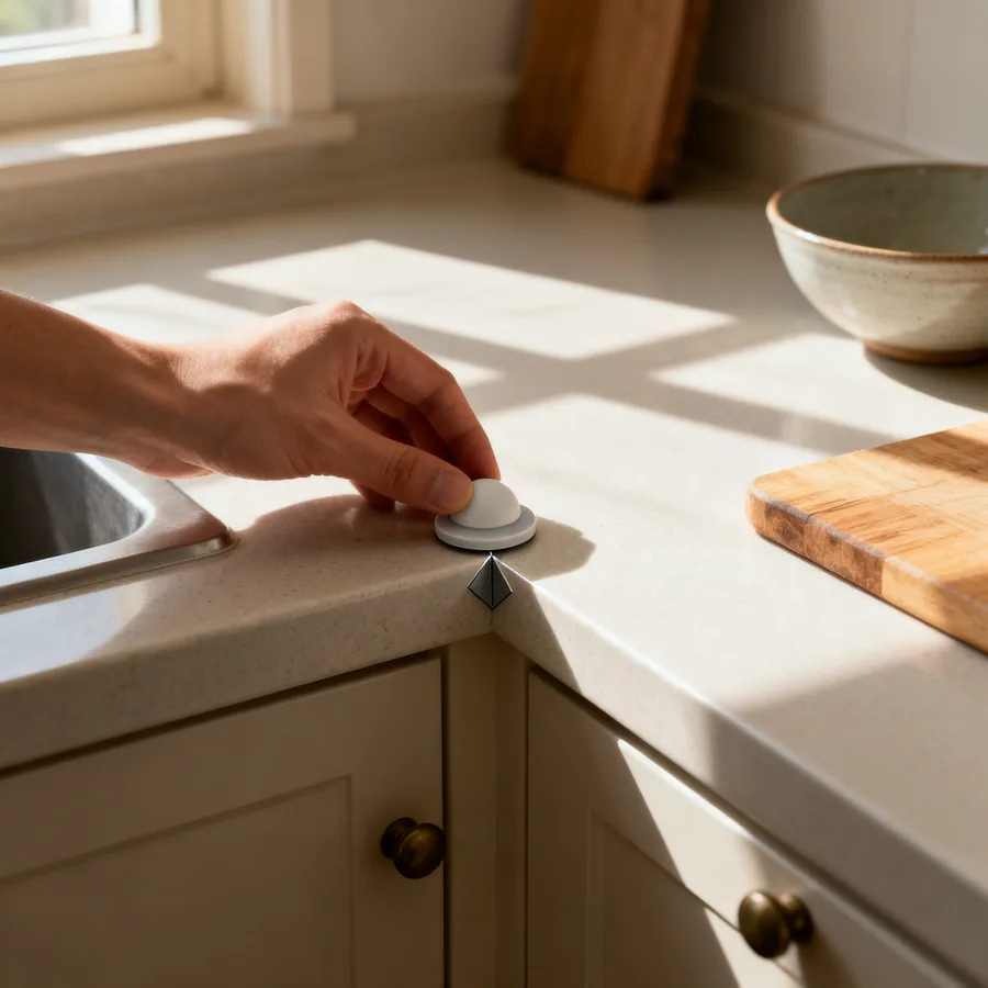 Close-up of corner guard installed on kitchen counter for baby safety