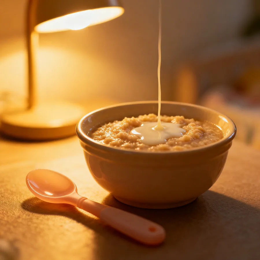 Close-up of iron-fortified baby cereal in ceramic bowl with soft spoon nearby