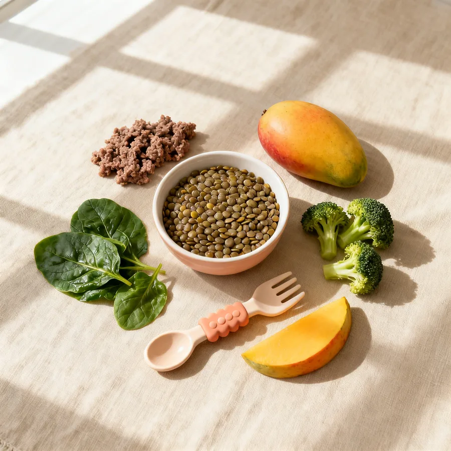 Overhead flat lay of high iron baby foods including lentils, spinach, and beef