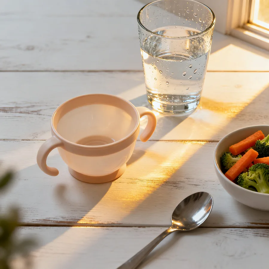 Overhead view of baby cup and weaning feeding supplies on kitchen table