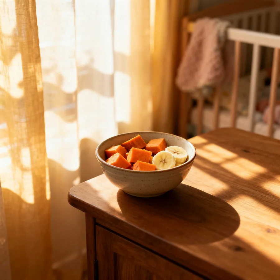 Soft steamed sweet potato and banana pieces in ceramic bowl for baby finger foods