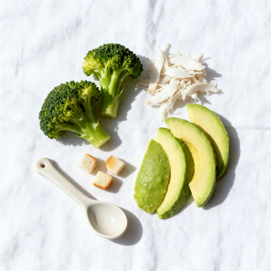 Overhead flat lay of soft finger foods for 6-month-old babies on white cloth