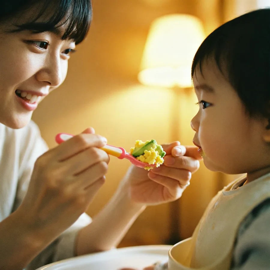 Mother feeding toddler nutrient-dense foods to support healthy weight gain
